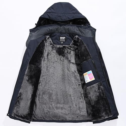 QMP Winter Jackets For Men with Hoode Ski Snow Snowboarding Waterproof Fleece Liner Coats Windproof Raincoat 6 Pockets - color: Navy, size: Medium
