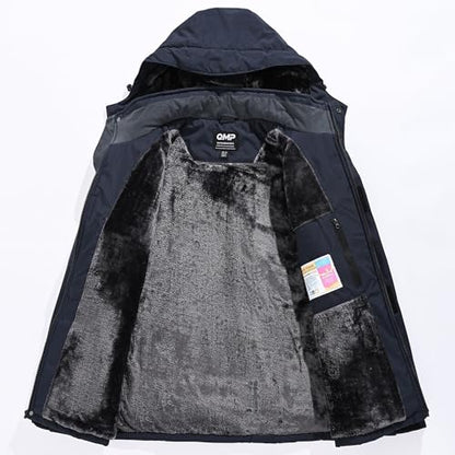 QMP Winter Jackets For Men with Hoode Ski Snow Snowboarding Waterproof Fleece Liner Coats Windproof Raincoat 6 Pockets - color: Navy, size: Medium