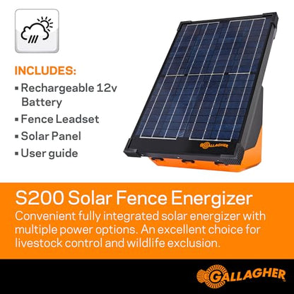 Gallagher S200 Solar Electric Fence Charger | 2.0 Joule Solar Powered Fence Energizer | Two Power Modes for Wildlife Deterrence and Livestock Containment | Solar Batteries and Leadsets Included