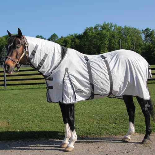 Country Pride Deluxe Mesh Fly Sheet, Full-Coverage Horse Fly Protection, Belly Band, Attached Neck Cover, Shoulder Gussets, Tail Cover, Adjustable Fit, Grey with Silver Trim (72 in) - size: 72 in