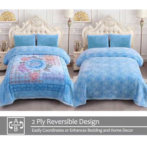 JML Plush Fleece Blanket 87" x 94", 10.5 Pounds Korean Style Mink Blanket King Size for Winter - Soft and Warm, 2 Ply A&B Printed Embossed Raschel Bed Blanket (Blue Flowers) | 2 Ply, A&B Printed, Embossed, Reversible, Plush, Silky Soft, Thick, Warm for Wi