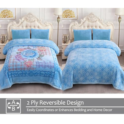 JML Plush Fleece Blanket 87" x 94", 10.5 Pounds Korean Style Mink Blanket King Size for Winter - Soft and Warm, 2 Ply A&B Printed Embossed Raschel Bed Blanket (Blue Flowers) | 2 Ply, A&B Printed, Embossed, Reversible, Plush, Silky Soft, Thick, Warm for Wi
