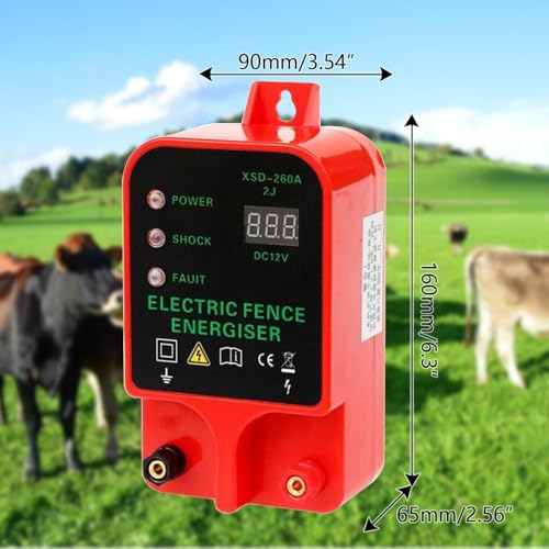10KM Electric Fence Charger, 2J Waterproof Electric Fence Energizer with LED Display for Livestock Cattle Horse Protection, Alarm Function，AC/Battery Powered