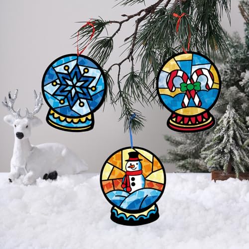 AmazingSpark 30 Pcs Rainforest Suncatchers Craft Snow Globe DIY Kits | Stained Glass Tissue Paper Effect, Snowman Reindeer Tree, Bulk Kids Classroom VBS Activities Party Favor Decorations - style: Snow Globe