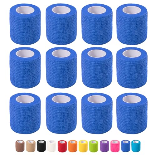12 Pack Self Adhesive Bandage Wrap, 2 in x 5 Yards Vet Wrap Tape Royal Blue | Non-Woven Self Adherent Cohesive Bandage for Thumb, Finger, Wrist, Knee, Ankle - color: Royal Blue