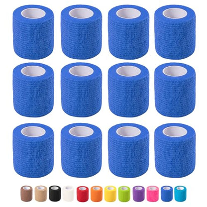 12 Pack Self Adhesive Bandage Wrap, 2 in x 5 Yards Vet Wrap Tape Royal Blue | Non-Woven Self Adherent Cohesive Bandage for Thumb, Finger, Wrist, Knee, Ankle - color: Royal Blue