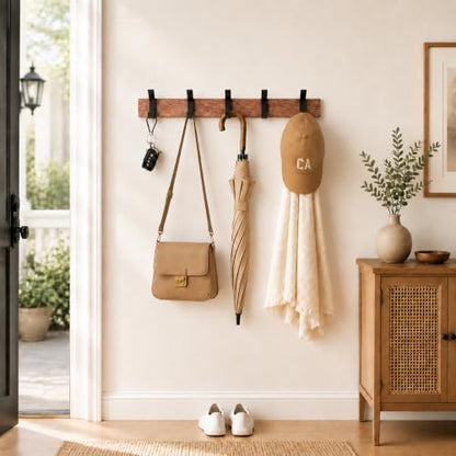 17 Inch Black Walnut Wood Wall Mounted Coat Rack with 4 Black L Hooks, Adhesive Mounted Entryway Hooks, Modern Natural Wooden Pegs for Hanging Coat Clothes Hat Bag Purse Key and Towel - color: Coat Rack with 5 L Hooks