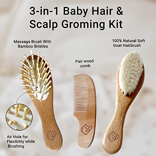 Infant Hair Brush and Comb Set for Newborns and Toddlers - Natural Wooden Hairbrush with Soft Goat Bristles for Cradle Cap - Perfect Scalp Grooming Massage for Baby Registry Gift