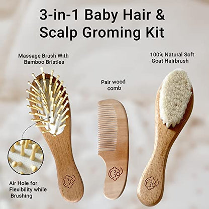 Infant Hair Brush and Comb Set for Newborns and Toddlers - Natural Wooden Hairbrush with Soft Goat Bristles for Cradle Cap - Perfect Scalp Grooming Massage for Baby Registry Gift