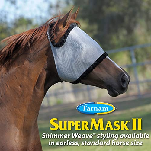 Farnam SuperMask II Shimmer Weave Mesh Horse Fly Mask Without Ears, Eye Protection from Insect Pests, Soft Silver Mesh with Black Plush Trim, Horse Size - size: Horse, style: Foal, Yearling, Small Horse/Arabian, Horse, Extra Large