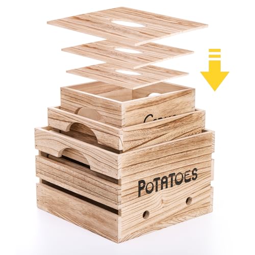 Frcctre 3 Pack Vegetable Storage Bins, Farmhouse Potato Onion Garlic Kitchen Storage Canisters Set, Wooden Stackable Vegetable Keeper with Lid and Aerating Holes for for Pantry Organization
