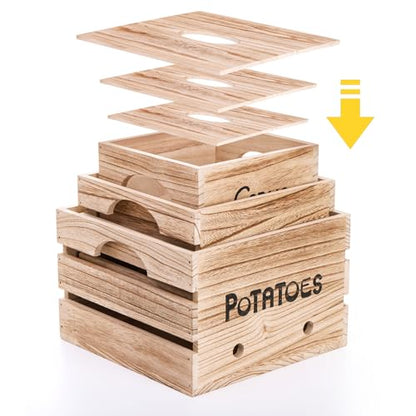 Frcctre 3 Pack Vegetable Storage Bins, Farmhouse Potato Onion Garlic Kitchen Storage Canisters Set, Wooden Stackable Vegetable Keeper with Lid and Aerating Holes for for Pantry Organization