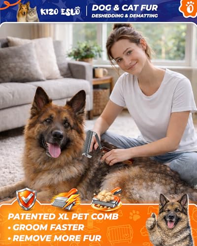 Extra Large 2-Sided Undercoat Rake for Dogs & Cats, Dog Brush for Shedding Remove Mats, Dematting Comb, Safe & Gentle Grooming Brush for German Shepherds Medium to Long-Haired Pets (Walnut Handle) - size: Top Pick - XL PRO - Walnut
