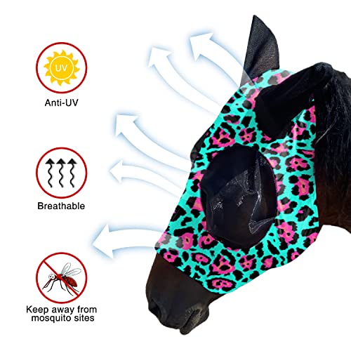 Upgrade Uv Horse Fly Mask with Ears - Equine Sunscreen Lycra Quiet Ride Elasticity Fly Mask with Ear Protection (Green Leopard Print) - color: Green Leopard print