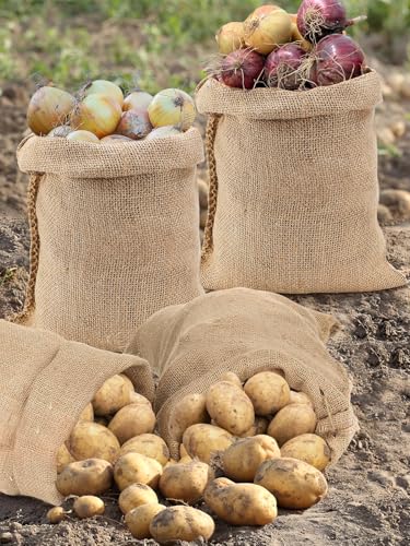 4Pcs 16"x24" Breathable Natural Burlap Bags with Rope for Potato Storage | Reusable, Thickened Jute Food Storage Sacks, Helps Potatoes/ Onions/ Root Vegetables Stay Fresh - size: 16'' x 24''
