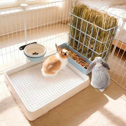 BESNEW 3 in 1 Rabbit Hay Feeder with Litter Box,Upgraded Metal Hay Rack & Litter Tray & Water Bowl,Quick Cleaning,Easy to Install,Bunny Supplies for Rabbit Guinea Pig Chinchilla Small Animals - color: Blue, size: 10in set