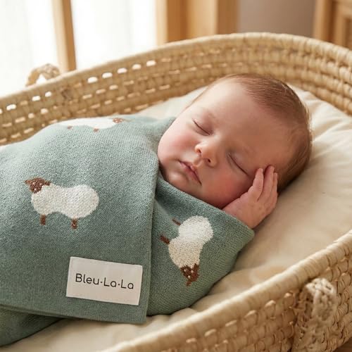 Knit Baby Swaddle Blanket - 100% Cotton Soft Cozy Receiving Swaddle Stroller Blanket for Shower Gift Registry for Newborns, Infants, Toddlers (Sheep - Pasture Green) - color: 02 - Sheep - Pasture Green