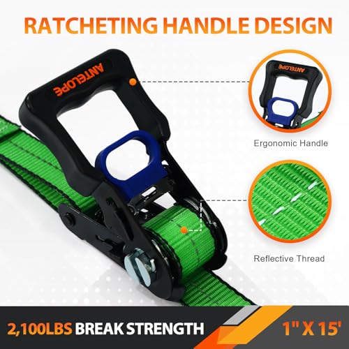 A ANTELOPE 4 Pack 1" x 15' Ratchet Tie Down Straps with S Hooks, Green - color: Green, size: 4PK-1 in