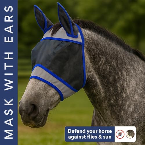 Horse Fly Mask with Ears – Breathable Mesh Fly Masks for Horses,Blue Trim, All-Day Protection(Blue,L) - size: L