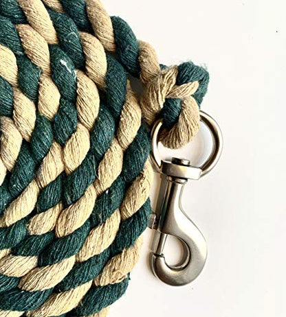 Majestic Ally Pack of 2 Solid Cotton Lead Rope for Horses & Livestock – 10 Foot Long and 5/8 inch Thick - Replaceable Heavy-Duty Satin Bolt Snap – Handmade – Soft, Broken in Feel (Hunter Green -Tan) - color: Hunter Green -Tan