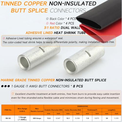 SVAAR 8 PCS 1 Gauge Non Insulated Butt Connectors 1 AWG Uninsulated Butt Splice Connectors Crimp Repair Butt Splices Kit Tinned Copper Seamless Barrel Butt Splice Terminals & 8 PCS 3:1 Heat Shrinks - size: 1 AWG