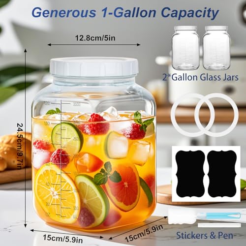 1 Gallon Glass Jar with Lids,2 Pack Super Wide Mouth Large Mason Jars 128 oz,Glass Gallon Jugs Storage Container for Sun Tea,Kombucha,Storing,Canning
