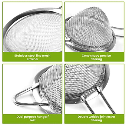 Set of 2 Stainless Steel Mesh Strainers for Kitchen - 5.5 inch Round Fine Mesh Strainer & 3.4 inch Conical Strainer Fine Mesh - Ideal to Sieve Pasta Noodles, Quinoa, Tea, Coffee, Juices, Flour