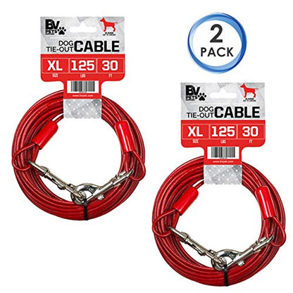BV Dog Tie Out Cable 30 Feet - Heavy Duty Dog Lead Up to 125 Pounds - Reflective & Rust-Free with Quick Release Swivel Clips & 360° Rotating Clasp - Tangle-Free Dogs Runner for Yard (Red, Pair) - color: 125lbs/ 30ft/ Red, style: Pair