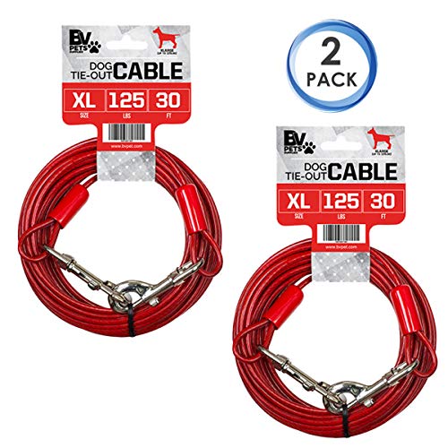 BV Dog Tie Out Cable 30 Feet - Heavy Duty Dog Lead Up to 125 Pounds - Reflective & Rust-Free with Quick Release Swivel Clips & 360° Rotating Clasp - Tangle-Free Dogs Runner for Yard (Red, Pair) - color: 125lbs/ 30ft/ Red, style: Pair
