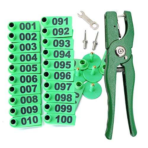 Livestock Animal Ear Tagging Pliers with Spare pins and 001-100 Number Plastic Tags for Installing Pigs Cattle Sheep Ear Tags - color: Ear Tags With Plier(green,m)