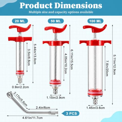 Huwena 3 Pcs Goat Syringe with 3 Drench Nozzle Reusable Adjustable Dosage Drench Gun Syringe for Bird, Cats, Dogs, Goats, Pigs, 20ml 50ml 100ml(Orange)