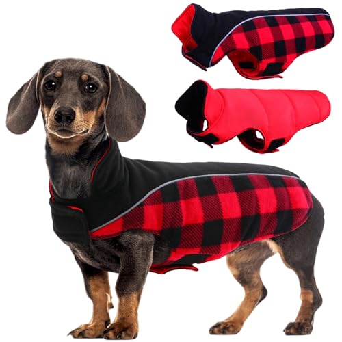 Kuoser Dog Winter Coat, Reversible Waterproof Dog Jacket with Reflective Strip, Warm Dogs Fleece Vest Adjustable Doggy Cold Weather Clothes Plaid Christmas Outfit Pet Apparel for Small Dogs, Red XS - color: Red, size: X-Small (Chest Girth: 9.4-13.8'' )