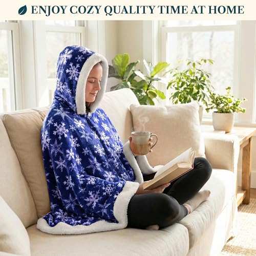 PAVILIA Hooded Blanket Poncho, Fleece Wearable Shawl Wrap, Snowflake Blue | Fleece Shawl Wrap with Hood, Adult Wearable Blanket, Cozy Warm Poncho Cape Throw with Pockets, Gift for Elderly Mom - color: Snowflake Blue