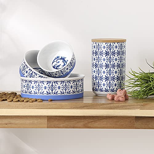 Bone Dry Ceramic Pet Treat Canister with Bamboo Lid, Dishwasher Safe, Countertop Storage, Keep Dog & Cat Treats Safe & Dry, 4x6.5", Blue Tile - color: Blue Tile, size: 4x6.5"