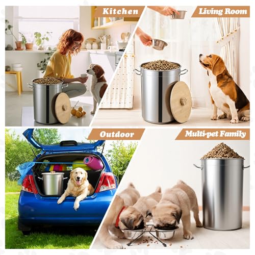 Maxdot 45 Lbs Stainless Steel Food Storage Container for Dog with Airtight Bamboo Lid Spoon & Wooden Claw Handle, Large Metal Pet Food Bin to Keep Fresh Easy Clean & Use for Dog Multiple Pet - size: 45 Lbs