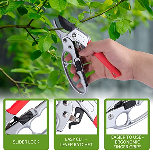 Germany Pruning Shears For Gardening, Arthritis Weak Hand Snips, 4x cutting power trimming, 1-Inch Cut Capacity Garden Clippers, Ergonomic handle, Rust resistant, high strength steel, Sharp - style: Red