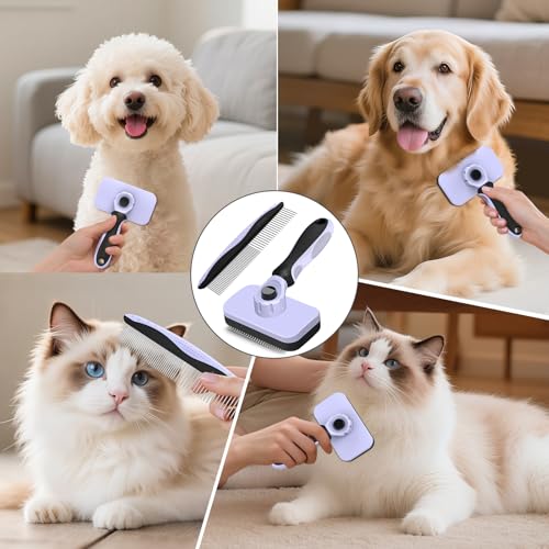 2PCS Self Cleaning Slicker Brush & Dog Comb - Skin Friendly Deshedding Grooming Tool for Dogs, Cats and Small Animals, Professional Deshedding Tool for Long and Short Haired Pets (Light Purple) - color: Light Purple