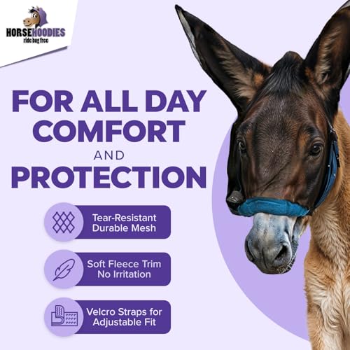 Donkey Fly Mask with Long Ears (Purple) Half Hoodie for Standard Donkey, Made in USA - Mule Fly Mask with Ears Protection from Insects and Bugs, Face Cover Soft Mesh Fabric with Adjustable Fastener - color: Purple, size: Large Donkey