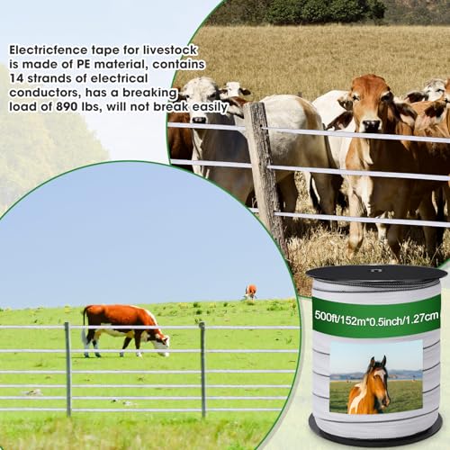 2 Rolls 500 ft x 1/2 Inch Electric Fence Polytape for Horse Livestock Cattle, High Visibility Electric Fencing Tape for Farm Temporary Horse Fence - size: 500ft X 1/2in