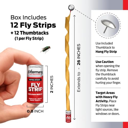Fly Strips for Gnats, Fruit Flies & House Flies – Extra Sticky Fly Paper – Indoor Sticky Hanging Fly Tape for Home & Kitchen – Non-Toxic Fly Ribbon Rolls with Pins – 12 Pack