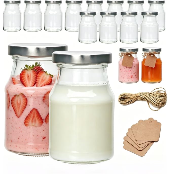 16Pack 6oz Glass Milk Bottles, Glass Jars with Lids | Jelly Jars with Silver Lids, Glass Yogert Jars, Clear Milk Jars Ideal for Jam, Honey, Wedding Favors, Shower Favors - size: 6oz-16pack