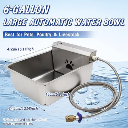 6 Gal Automatic Large Dog Water Dispenser Livestock Water Trough Stainless Steel Waterer Feeder Outdoor Automatic Pet Water Bowl Large Auto Dog Waterer for Big Dogs Cats Chicken Livestock