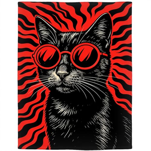 Black Cat Flannel Fleece Throw Blanket, Cool Animal Wearing Sunglasses, Soft Cozy Lightweight Decorative Blanket for Sofa Couch Bed Camping, Gifts for Men Women, 60" x 80" - color: Black Cat, size: 60" x 80"
