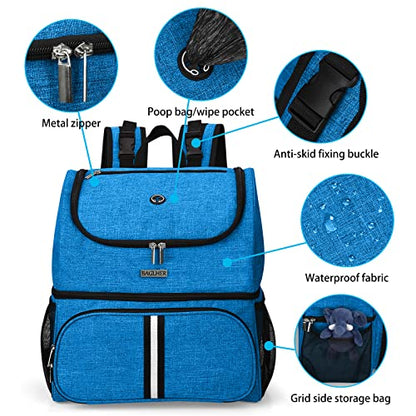 BAGLHER Pet Travel Bag, Double-Layer Pet Supplies Backpack (for All Pet Travel Supplies), Pet Travel Backpack with 2 Silicone Collapsible Bowls and 2 Food Baskets Blue - color: Blue