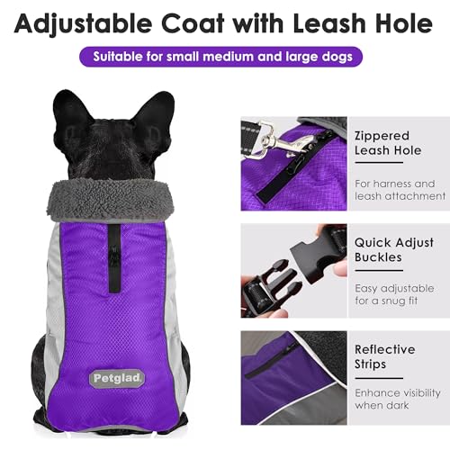 Petglad Dog Coat, Waterproof Ripstop Dog Winter Jacket with Leash Hole, Reflective Adjustable Warm Pet Fleece Snow Sweater for Small Medium Large Dogs - Purple, L - color: Purple, size: L
