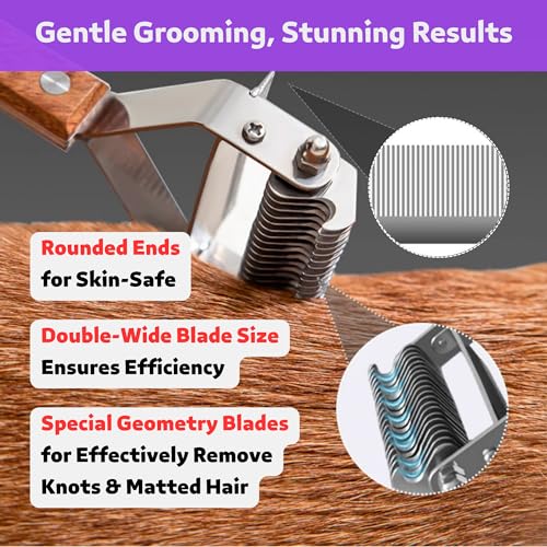 2 in 1 Undercoat Rake for Dogs and Cats, Professional Grooming Brush Dematting & Shedding Comb to Remove Loose Hair, Matted Fur Efficiently, Perfect for Poodle, Doodle & All Long Haired Pets - color: Wood