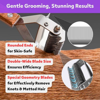 2 in 1 Dogs Cats Dematting Grooming Comb, Perfect Deshedding Undercoat Rake for Poodle & Goldendoodle, Efficiently Detangling Shedding Loose Hair & Matted Fur, All Long Haired Pet (Dark) - color: Dark Walnut