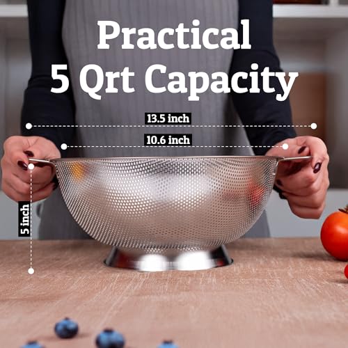 PriorityChef Premium 5Qrt Stainless Steel Colander for Kitchen, Durable Rice and Pasta Strainer with Handle, Rust-Resistant & Dishwasher Safe - size: 5 Qrt
