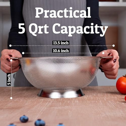 PriorityChef Premium 5Qrt Stainless Steel Colander for Kitchen, Durable Rice and Pasta Strainer with Handle, Rust-Resistant & Dishwasher Safe - size: 5 Qrt