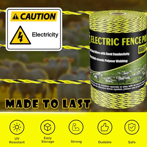 Electric Fence Poly Wire 660 Feet 200 Meters 1/8" Dia Portable Electric Fencing Polywires and 100 Pcs Black Electric Fence Insulator (Grid System Accessories for Animal Husbandry Electronic)